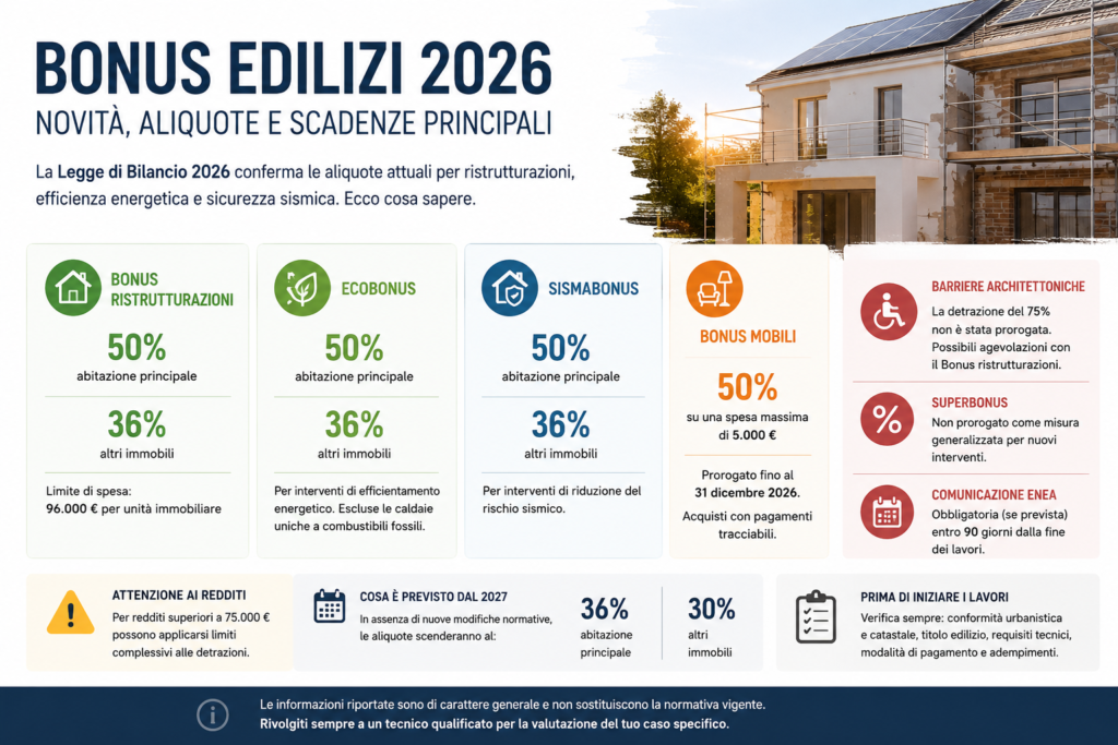 Infografica riassuntiva dei Bonus Edilizi 2026 con aliquote e scadenze per ristrutturazioni, ecobonus e sismabonus